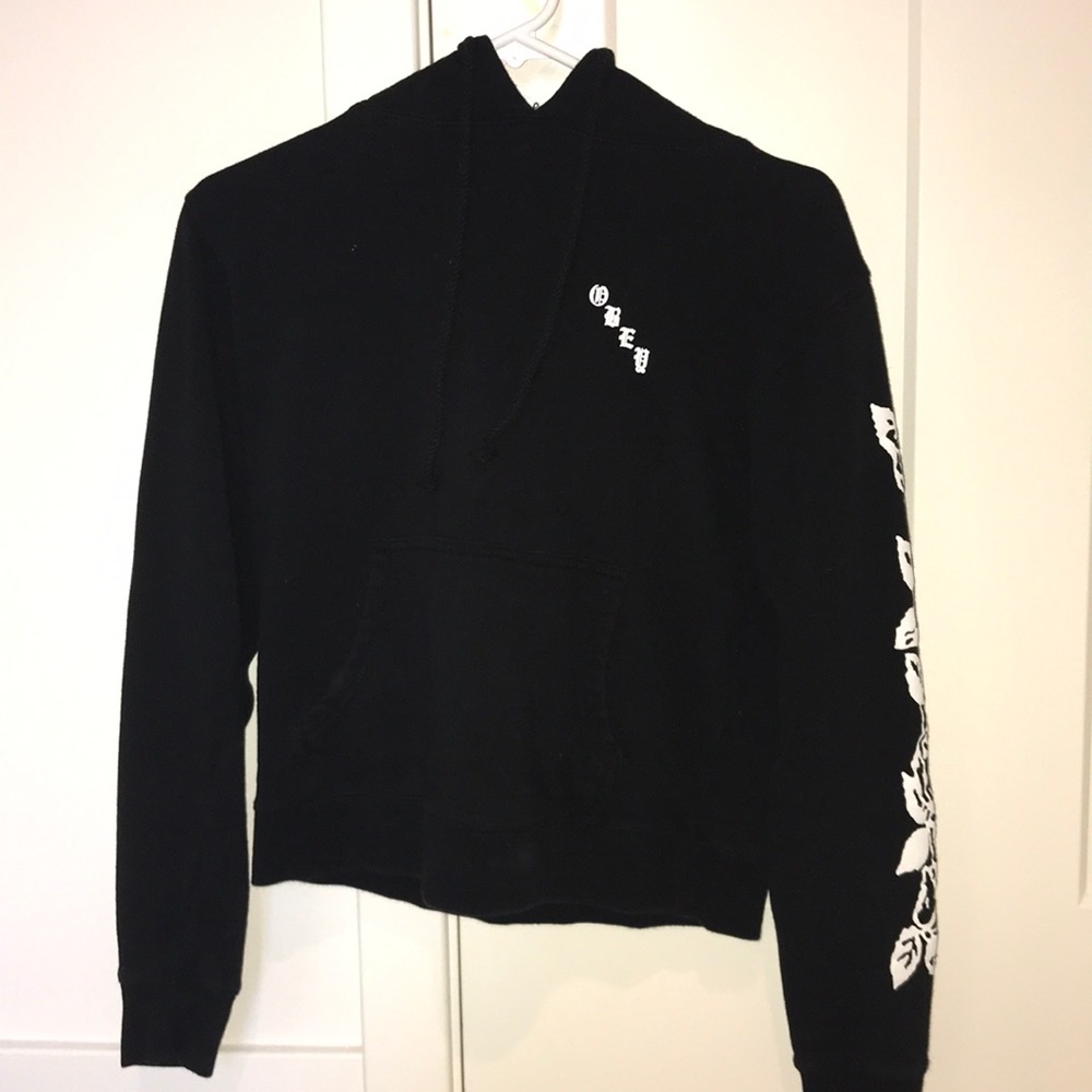 black obey hoodie w/ rose design on sleeves